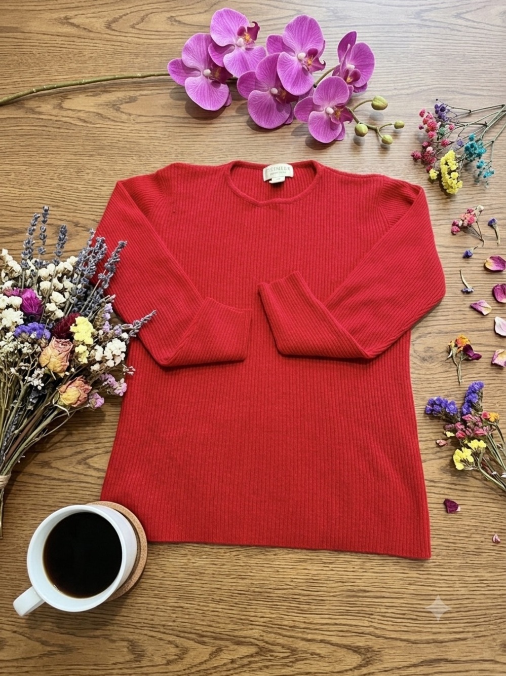 Sutton Studio 100% Cashmere Red Ribbed Crewneck Sweater Womens Size M Flaw